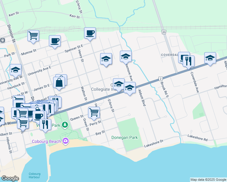 map of restaurants, bars, coffee shops, grocery stores, and more near 288 County Road 2 in Cobourg