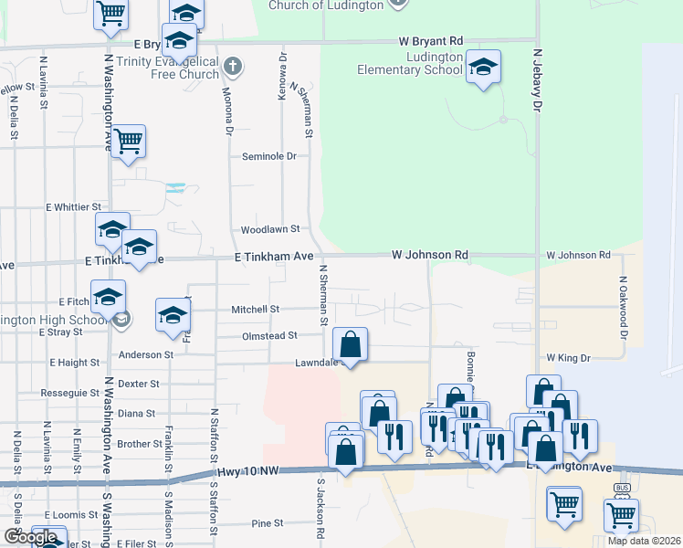 map of restaurants, bars, coffee shops, grocery stores, and more near 700 Sherman Oaks Drive in Ludington