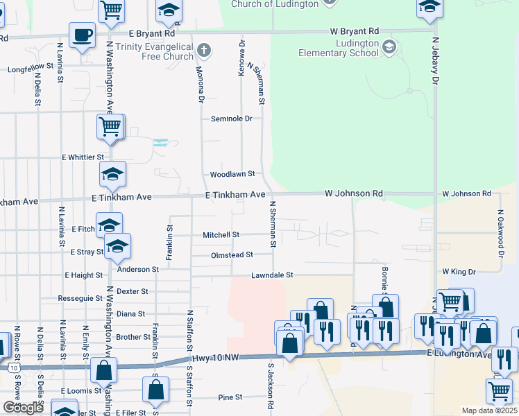 map of restaurants, bars, coffee shops, grocery stores, and more near 924 East Tinkham Avenue in Ludington