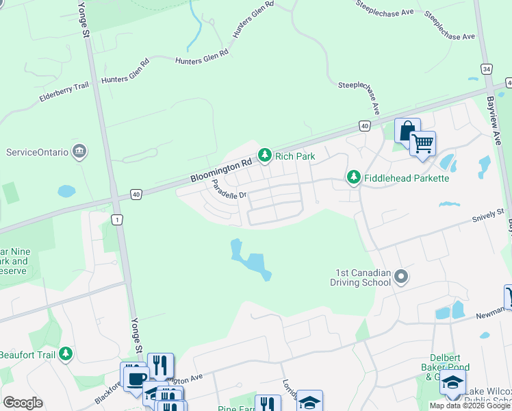 map of restaurants, bars, coffee shops, grocery stores, and more near 6 Mayapple Lane in Richmond Hill