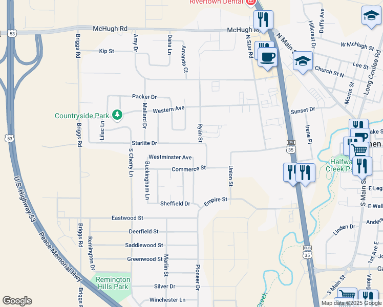 map of restaurants, bars, coffee shops, grocery stores, and more near 54 Commerce Street in Holmen