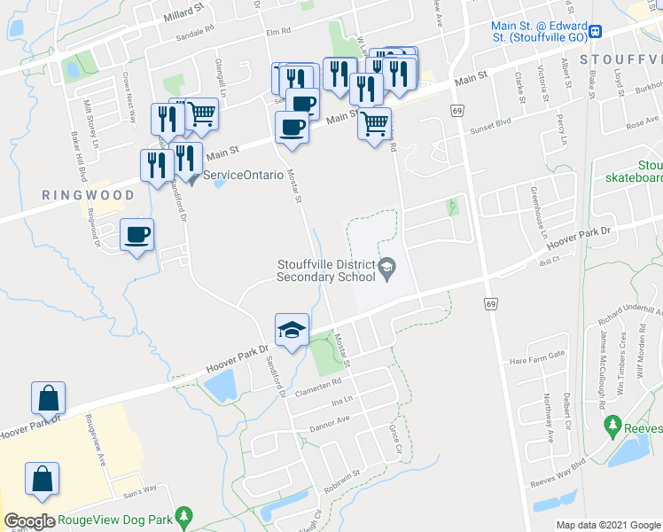 map of restaurants, bars, coffee shops, grocery stores, and more near 175 Mostar Street in Whitchurch-Stouffville
