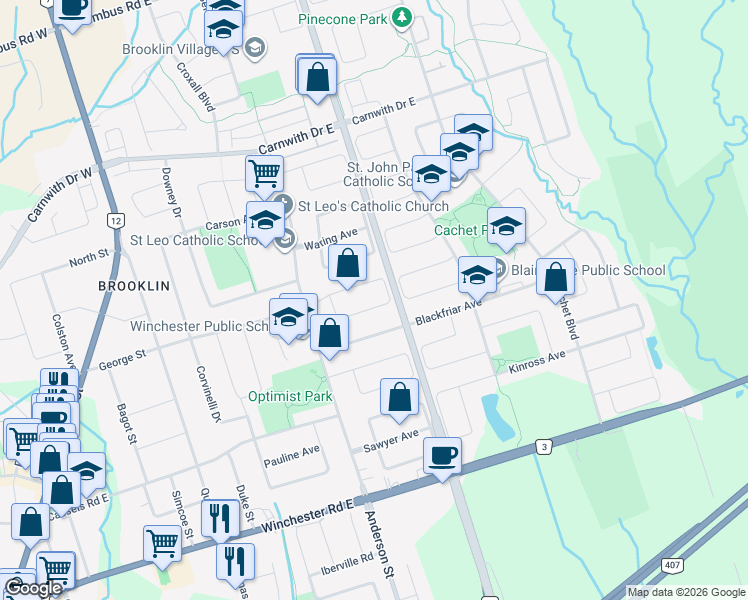 map of restaurants, bars, coffee shops, grocery stores, and more near 51 McBeth Place in Whitby