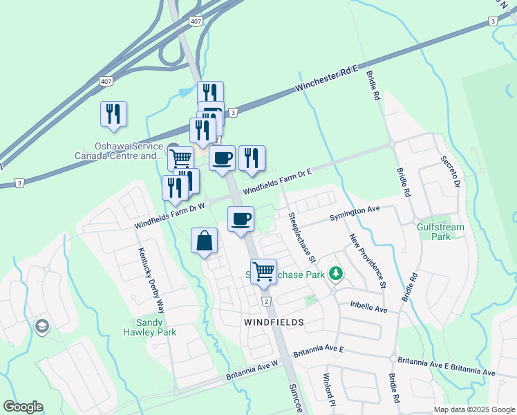 map of restaurants, bars, coffee shops, grocery stores, and more near 2545 Simcoe Street North in Oshawa