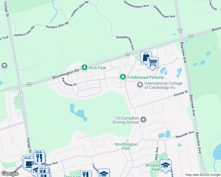 map of restaurants, bars, coffee shops, grocery stores, and more near 255 Paradelle Drive in Richmond Hill