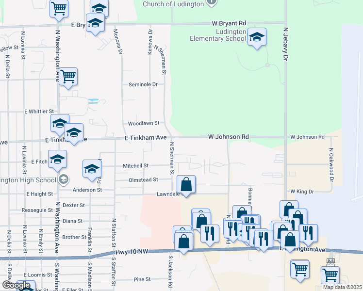 map of restaurants, bars, coffee shops, grocery stores, and more near 5800-5998 W Johnson Rd in Ludington