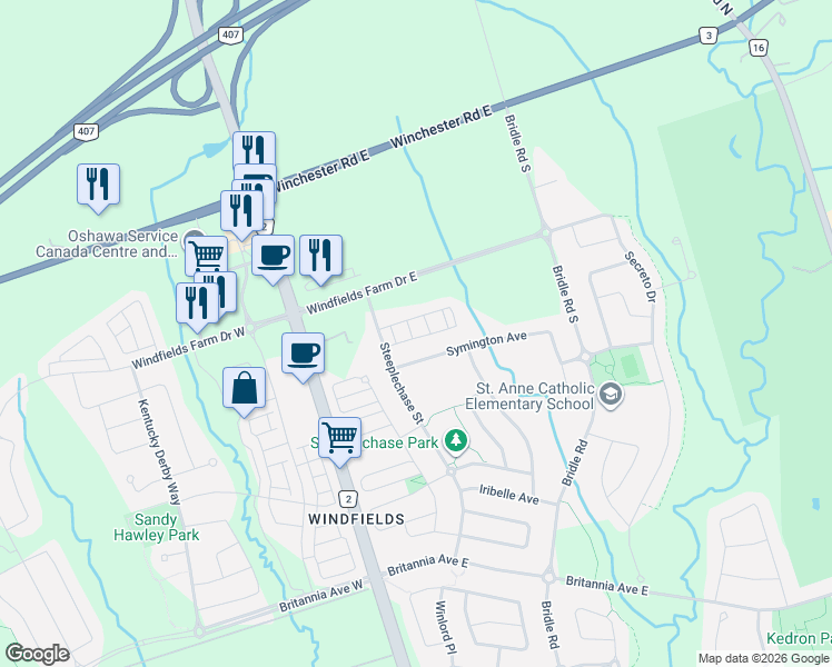 map of restaurants, bars, coffee shops, grocery stores, and more near 2551 Barbarolli Path in Oshawa