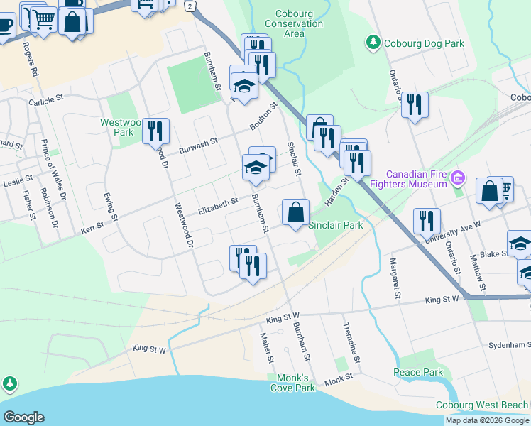 map of restaurants, bars, coffee shops, grocery stores, and more near 614 Burnham Street in Cobourg