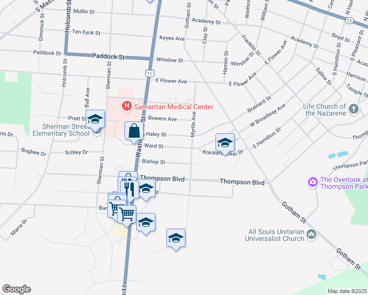map of restaurants, bars, coffee shops, grocery stores, and more near 178 Ward Street in Watertown