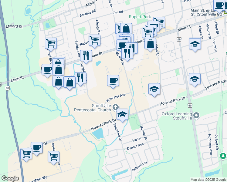 map of restaurants, bars, coffee shops, grocery stores, and more near 38 Innovator Avenue in Whitchurch-Stouffville