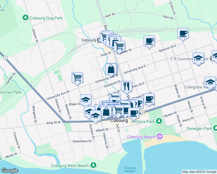 map of restaurants, bars, coffee shops, grocery stores, and more near in Cobourg