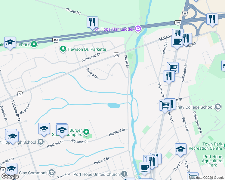map of restaurants, bars, coffee shops, grocery stores, and more near in Port Hope