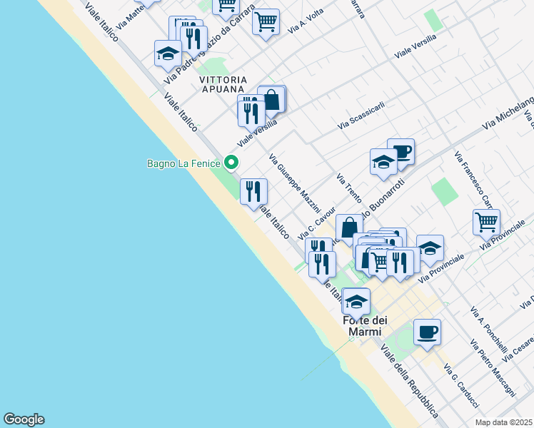 map of restaurants, bars, coffee shops, grocery stores, and more near 44 Viale Italico in Forte dei Marmi