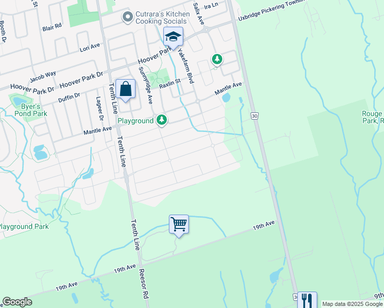 map of restaurants, bars, coffee shops, grocery stores, and more near 11731 Tenth Line in Whitchurch-Stouffville