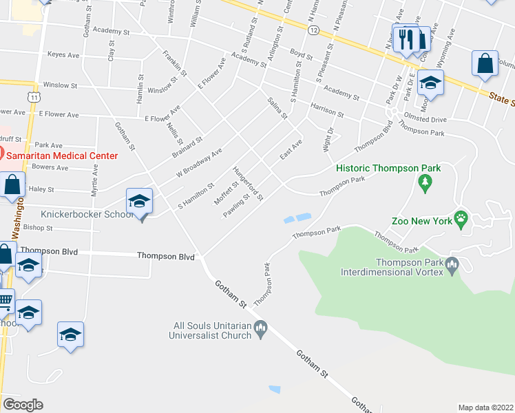 map of restaurants, bars, coffee shops, grocery stores, and more near 391 Thompson Boulevard in Watertown