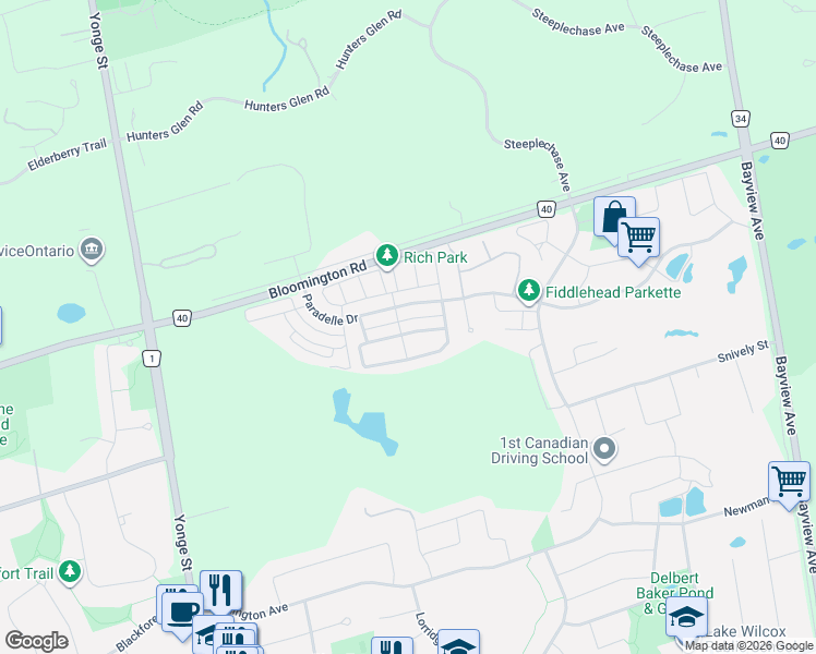 map of restaurants, bars, coffee shops, grocery stores, and more near 6 Plantain Lane in Richmond Hill