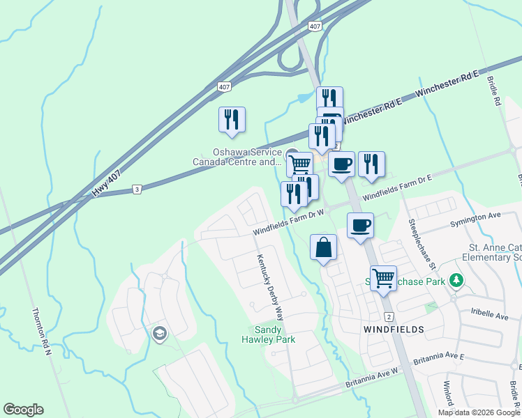 map of restaurants, bars, coffee shops, grocery stores, and more near 2652 Deputy Minister Path in Oshawa