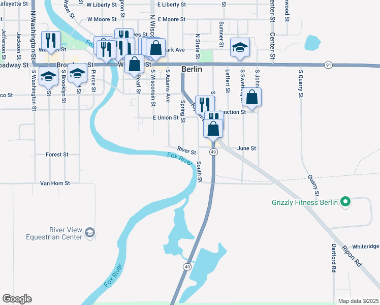 map of restaurants, bars, coffee shops, grocery stores, and more near 266 Spring Street in Berlin
