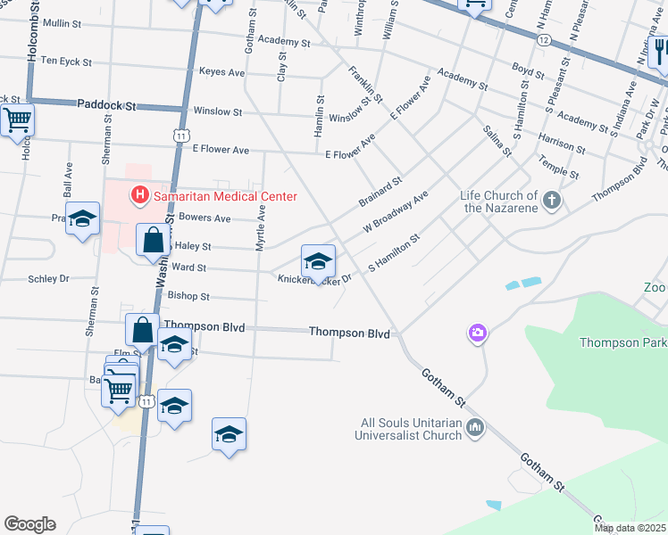 map of restaurants, bars, coffee shops, grocery stores, and more near 217 Harewood Avenue in Watertown