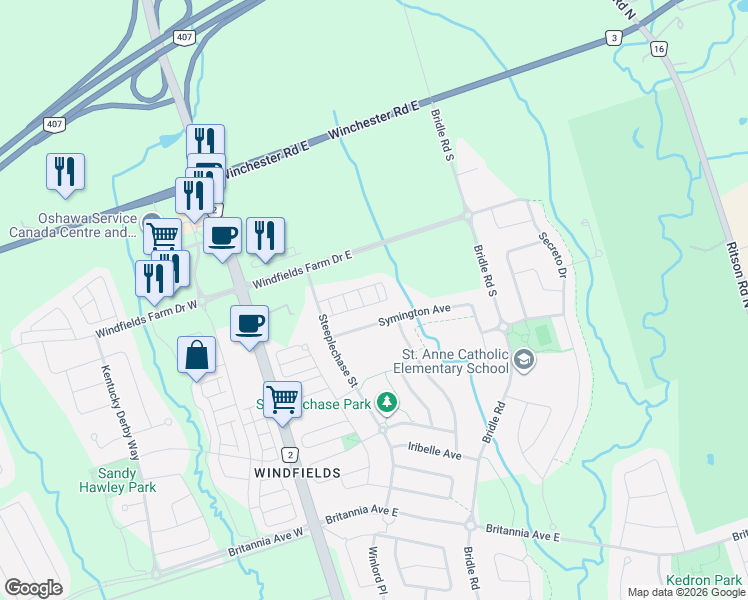 map of restaurants, bars, coffee shops, grocery stores, and more near 2552 Mojave Path in Oshawa