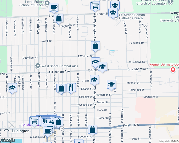 map of restaurants, bars, coffee shops, grocery stores, and more near 604 East Tinkham Avenue in Ludington