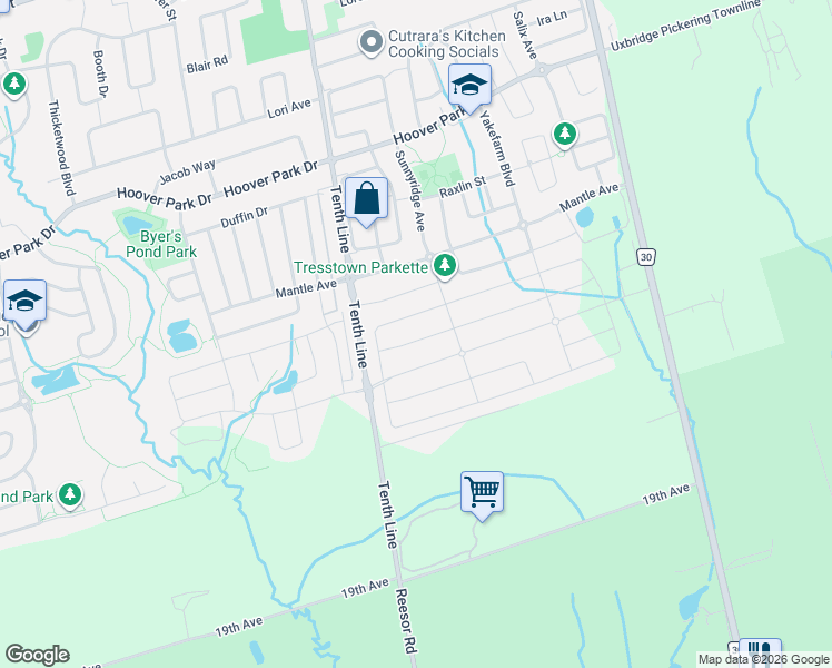 map of restaurants, bars, coffee shops, grocery stores, and more near 28 Fallharvest Way in Whitchurch-Stouffville