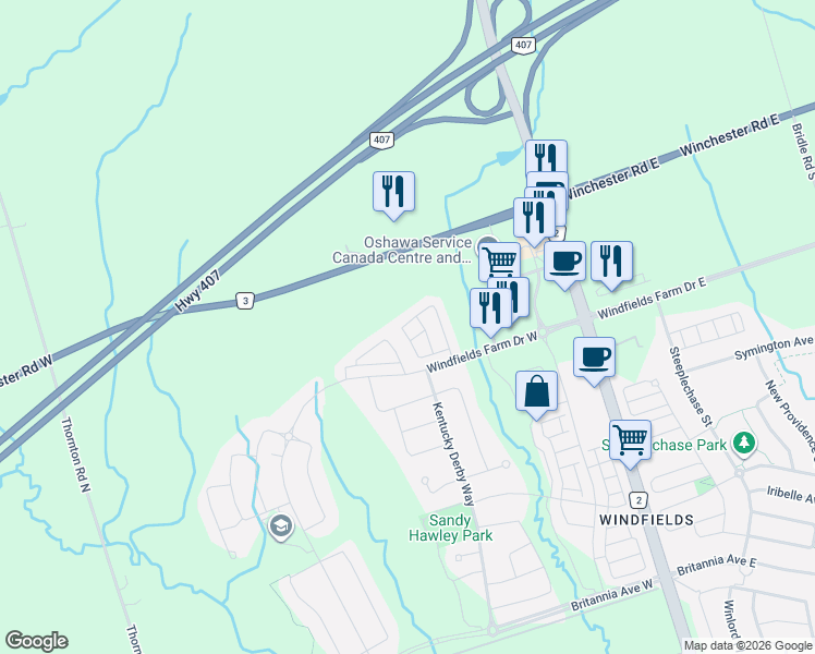 map of restaurants, bars, coffee shops, grocery stores, and more near 2656 Deputy Minister Path in Oshawa