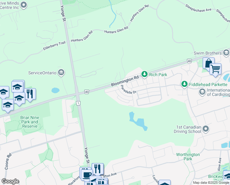 map of restaurants, bars, coffee shops, grocery stores, and more near 7 Sundew Lane in Richmond Hill