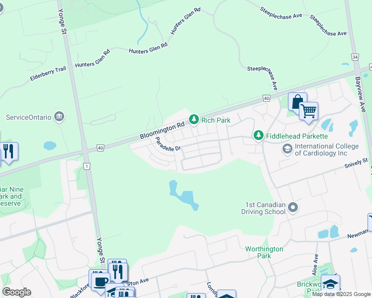 map of restaurants, bars, coffee shops, grocery stores, and more near 205 Paradelle Drive in Richmond Hill