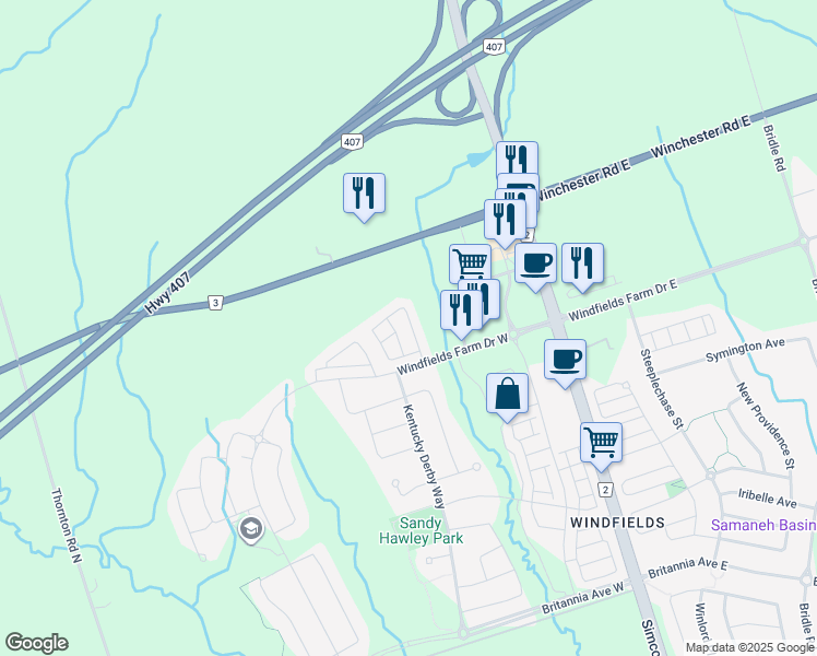 map of restaurants, bars, coffee shops, grocery stores, and more near 2636 Deputy Minister Path in Oshawa