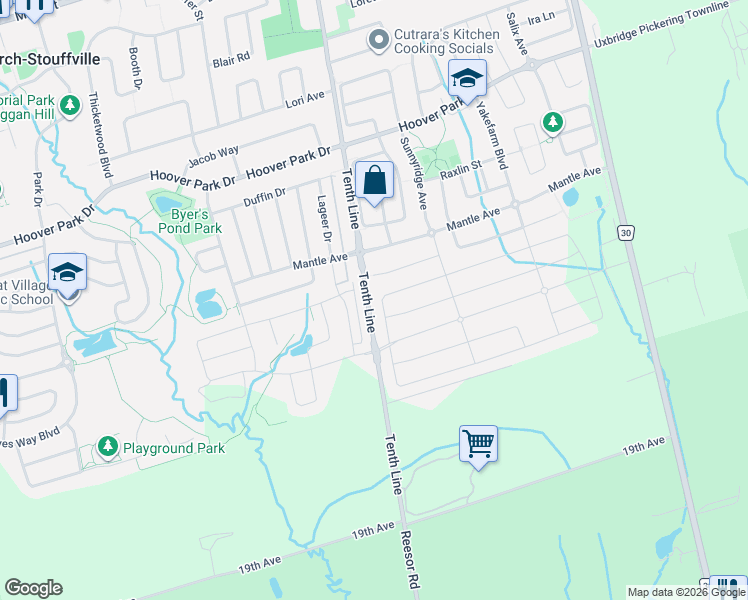 map of restaurants, bars, coffee shops, grocery stores, and more near 11811 Tenth Line in Markham