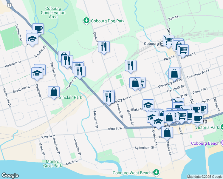 map of restaurants, bars, coffee shops, grocery stores, and more near 455 Ontario Street in Cobourg