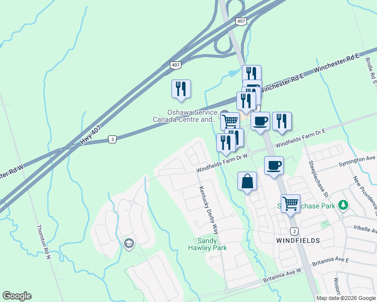 map of restaurants, bars, coffee shops, grocery stores, and more near 2702 Deputy Minister Path in Oshawa
