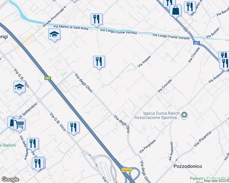 map of restaurants, bars, coffee shops, grocery stores, and more near 93 Via Vaiana in Pietrasanta