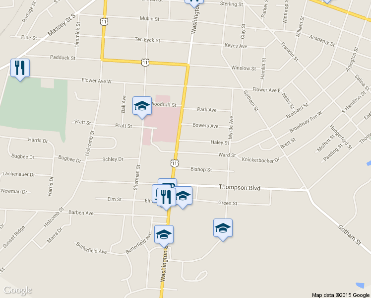 map of restaurants, bars, coffee shops, grocery stores, and more near 115 Ward Street in Watertown