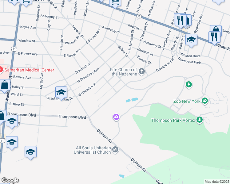 map of restaurants, bars, coffee shops, grocery stores, and more near 395 Thompson Boulevard in Watertown