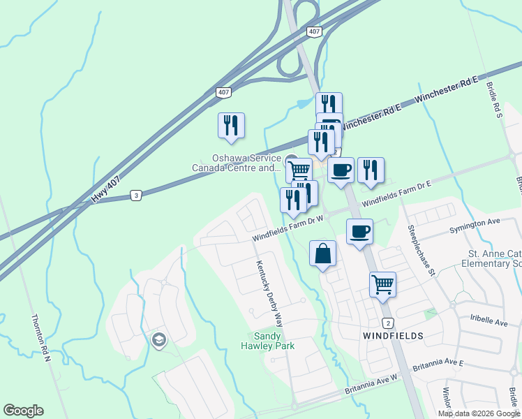 map of restaurants, bars, coffee shops, grocery stores, and more near Deputy Minister Path in Oshawa
