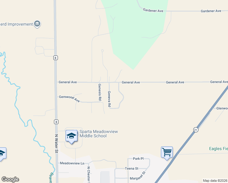 map of restaurants, bars, coffee shops, grocery stores, and more near 14760 Geneva Road in Sparta