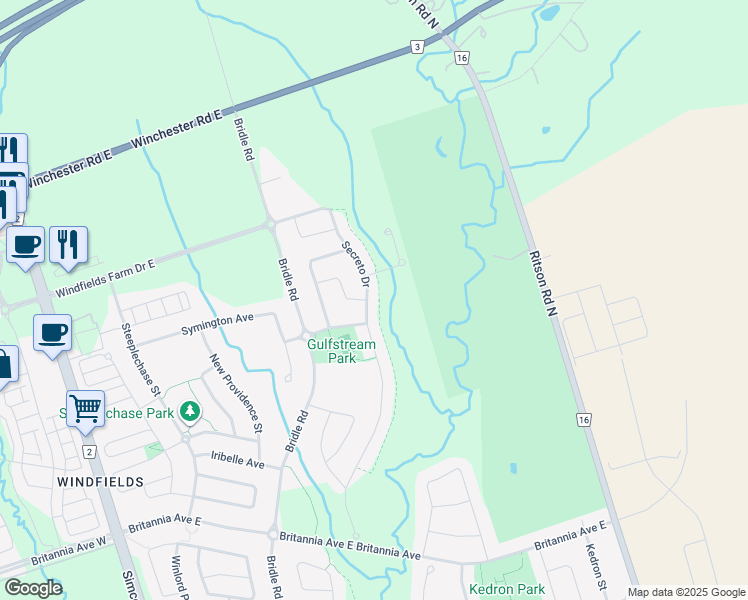 map of restaurants, bars, coffee shops, grocery stores, and more near 2509 Secreto Drive in Oshawa