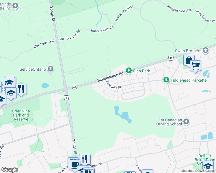 map of restaurants, bars, coffee shops, grocery stores, and more near 165 Paradelle Drive in Richmond Hill
