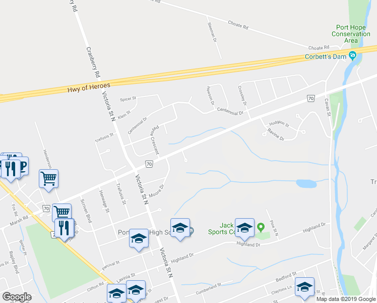 map of restaurants, bars, coffee shops, grocery stores, and more near 89 Jocelyn Street in Port Hope