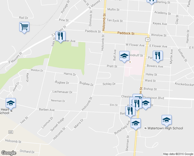 map of restaurants, bars, coffee shops, grocery stores, and more near 247 South Ontario Drive in Watertown