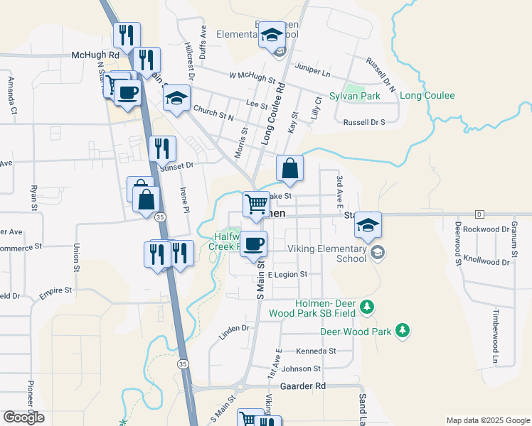 map of restaurants, bars, coffee shops, grocery stores, and more near in Holmen