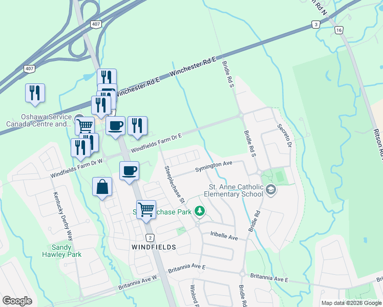 map of restaurants, bars, coffee shops, grocery stores, and more near 2566 Mojave Path in Oshawa