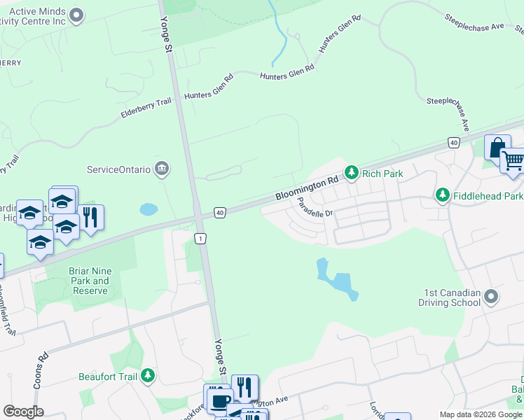 map of restaurants, bars, coffee shops, grocery stores, and more near 35 Calamint Lane in Richmond Hill