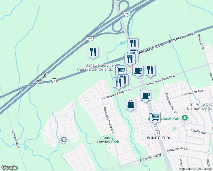map of restaurants, bars, coffee shops, grocery stores, and more near 2639 Deputy Minister Path in Oshawa