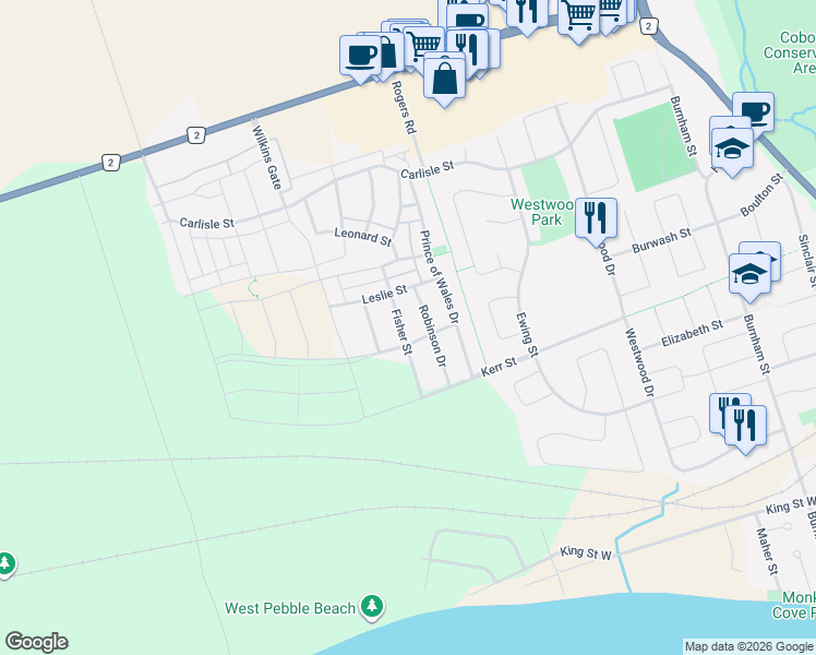 map of restaurants, bars, coffee shops, grocery stores, and more near 696 Fisher Street in Cobourg