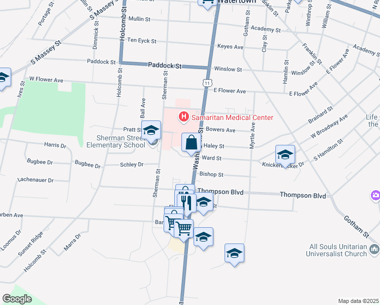 map of restaurants, bars, coffee shops, grocery stores, and more near 940 Washington Street in Watertown