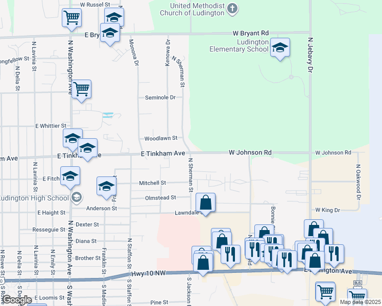 map of restaurants, bars, coffee shops, grocery stores, and more near 5998 W Johnson Rd in Ludington