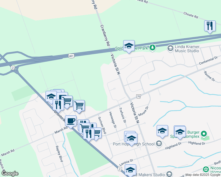 map of restaurants, bars, coffee shops, grocery stores, and more near 2 Chalmers Court in Port Hope